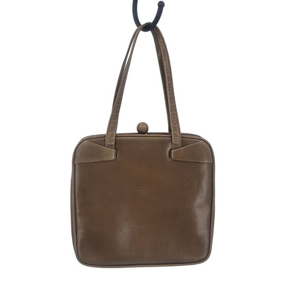 Vintage 60s 50s Brown Leather Handbag Framed Square Double Handles Satin Lining - Picture 3 of 11